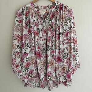 JOHNNY WAS "Isla" Jade Pink & Cream Blouse XS: NWOT!! (Runs VERY LARGE: P2P: 32"
